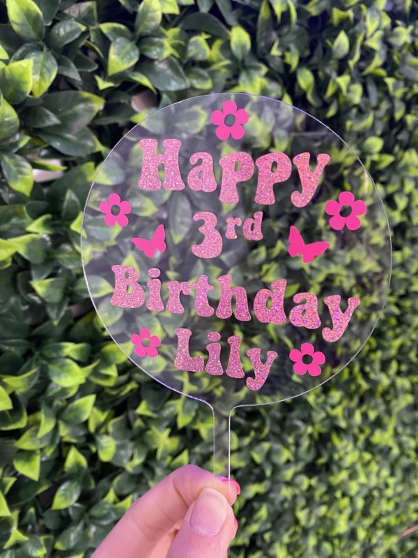 Acrylic cake topper age 3 butterflies flowers